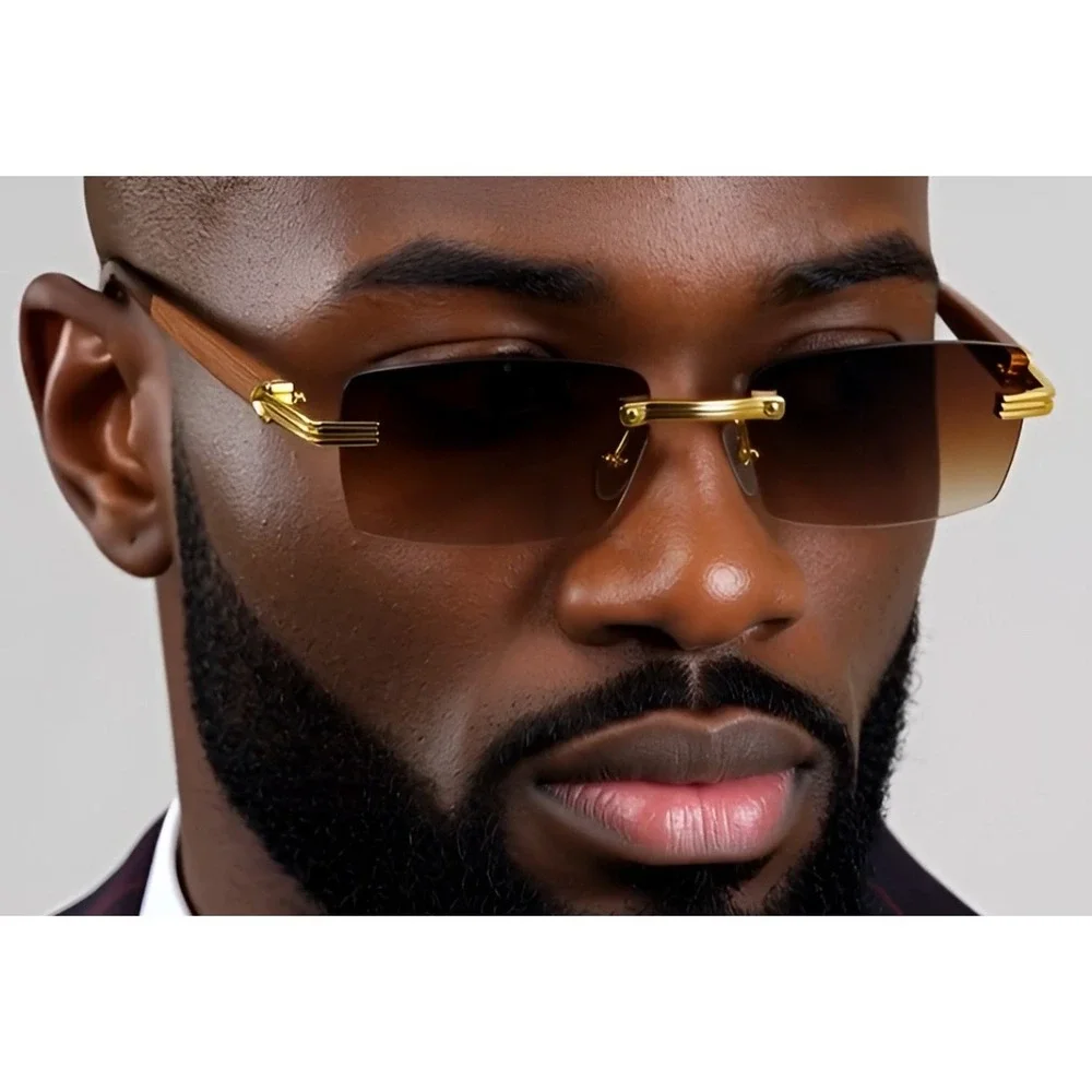 Rimless Sunglasses Men Hip Hop Black Rectangle‎ Fashion Shades Vintage Eyewear